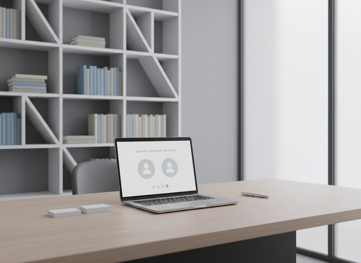 An elegantly organized, ultra-modern telehealth workspace composed of a pristine, matte silver laptop with a minimalist interface visible on the screen. The laptop rests on a wide, light ash-wood desk with uncluttered surfaces and perfectly aligned stationery. The background features soft gray walls, geometric shelving with neatly arranged closed books, and a frosted glass partition that diffuses indirect natural daylight. Subtle highlights reflect on the laptop's edges, with balanced, soft illumination creating a sense of clarity and order. The eye-level, centered photographic composition emphasizes professionalism, clean lines, and a structured, corporate aesthetic—suitable for a health-focused psychiatry site driven by modern technology and trust.