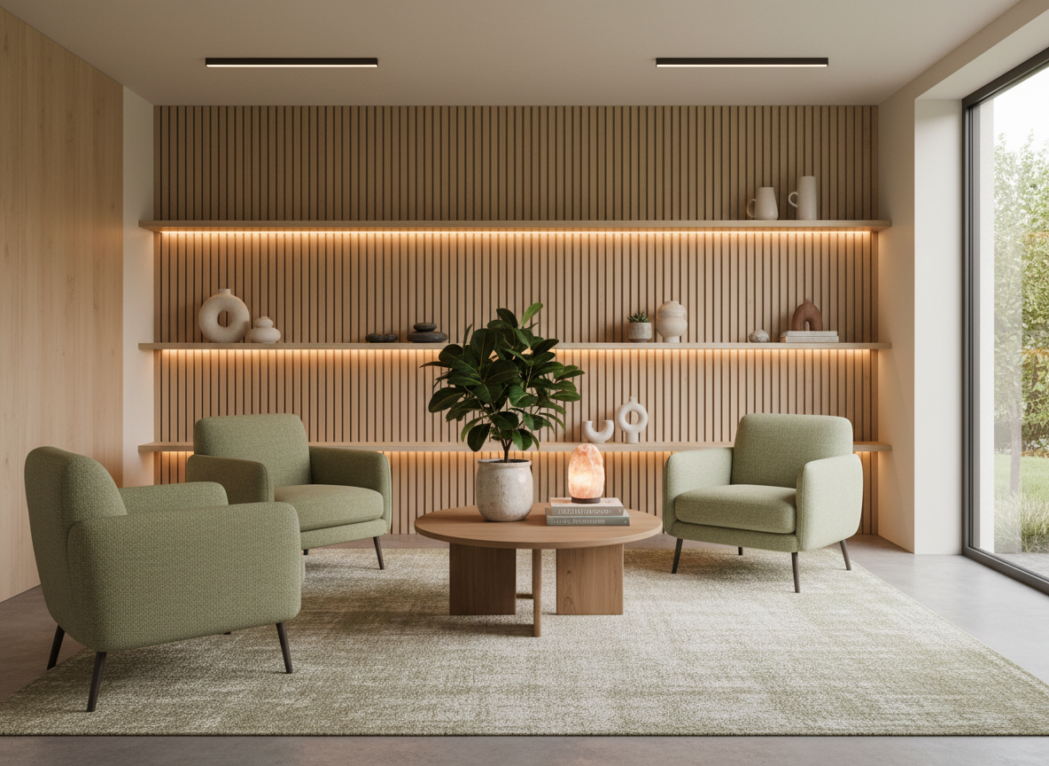 A calming, natural-looking psychologist office interior, matching a soothing color palette with natural greens and soft earth tones, warm and welcoming lighting, modern and clean style. Suitable for a mental health practice website hero section background.