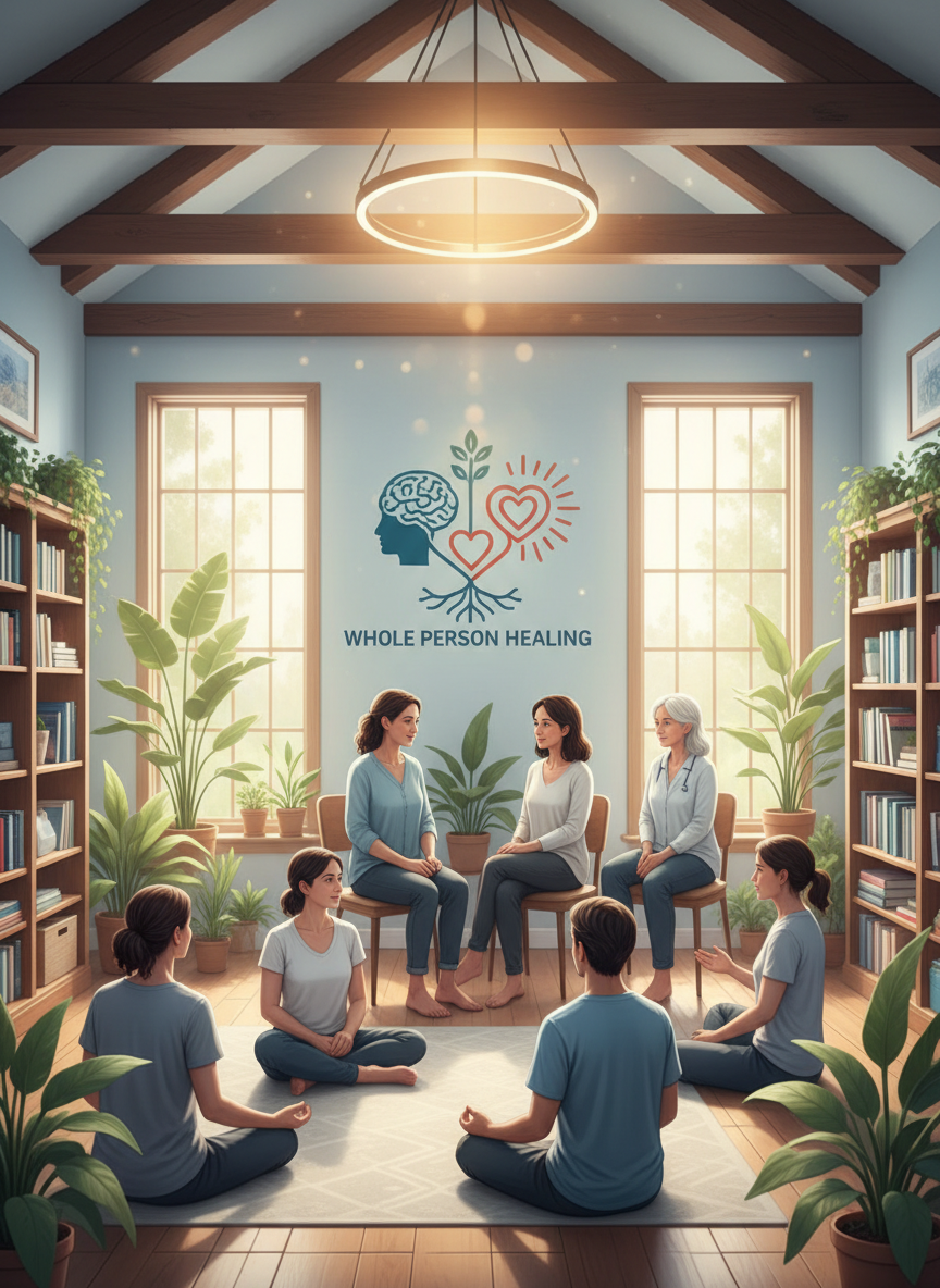 An image representing compassionate mental health care that focuses on treating the whole person—mind, body, and spirit, not just symptoms or diagnoses. The style should be warm, inclusive, and hopeful, blending medical and holistic visual elements.