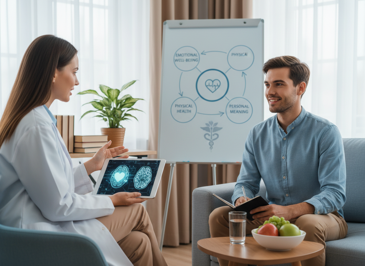 A photograph representing compassionate, science-based mental health care that integrates emotional well-being, physical health, and personal meaning. The image should convey warmth, empathy, and a holistic approach, possibly featuring a caring professional and a patient in a comfortable, supportive environment, with elements that suggest both medical expertise and human connection.